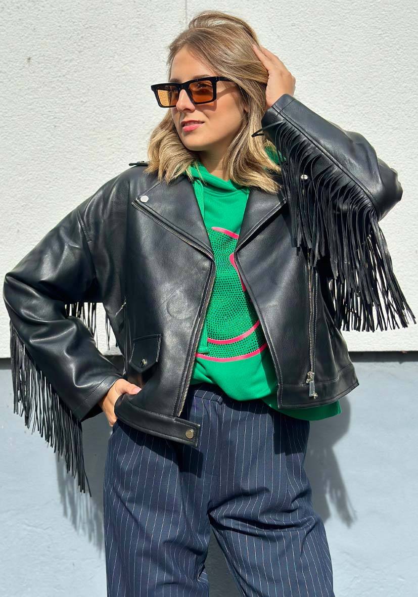 Miss Goodlife Vegane Lederjacke mit Fransen – black