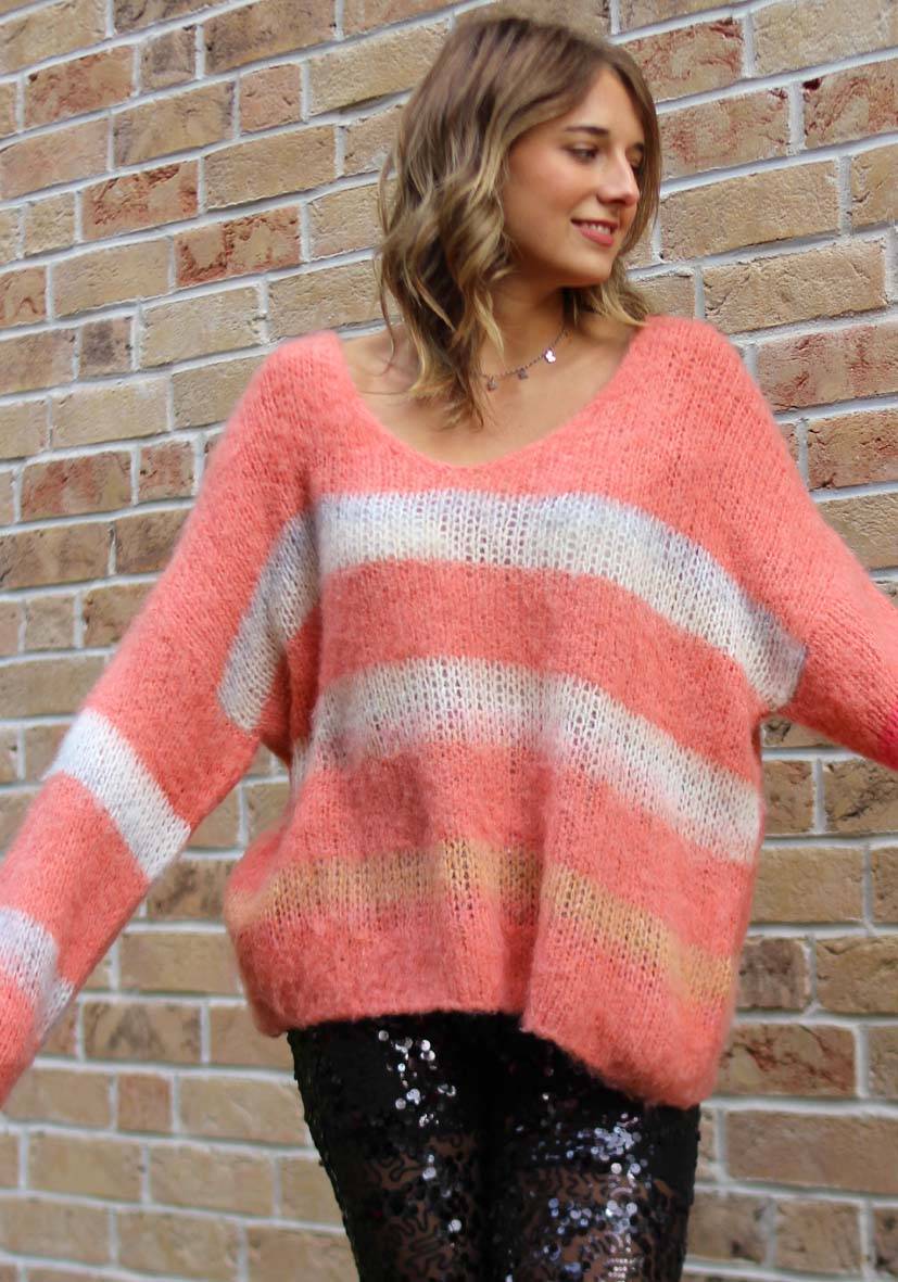 Miss Goodlife Pullover Mit Multicolor Stripes – Apricot