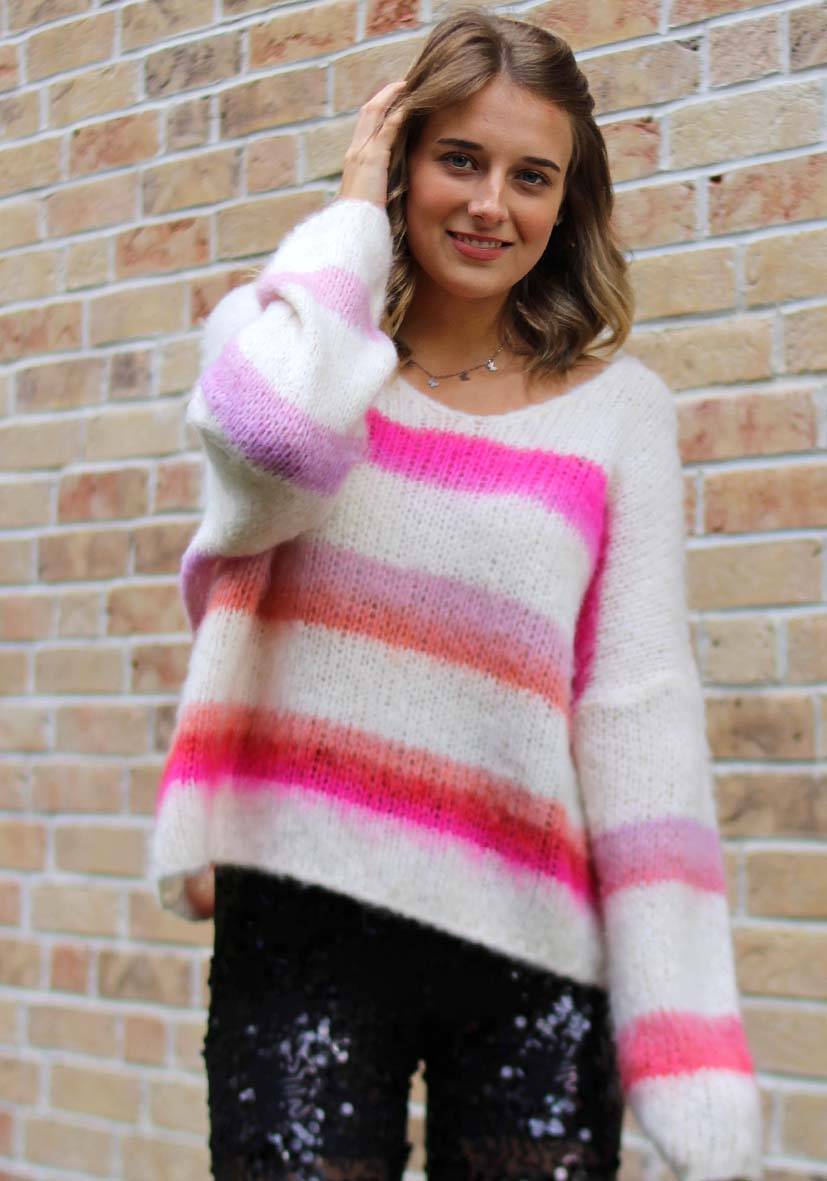 Miss Goodlife Pullover Mit Multicolor Stripes – Offwhite