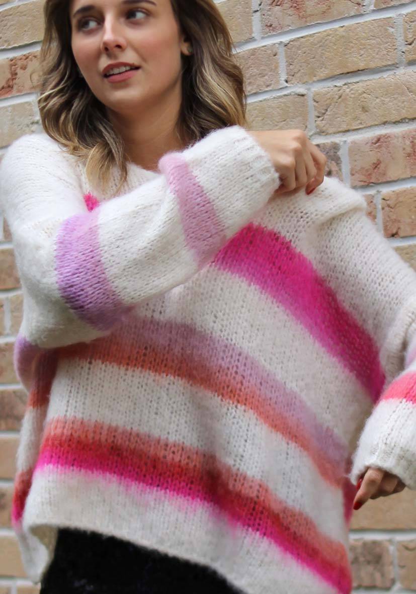 Miss Goodlife Pullover Mit Multicolor Stripes – Offwhite