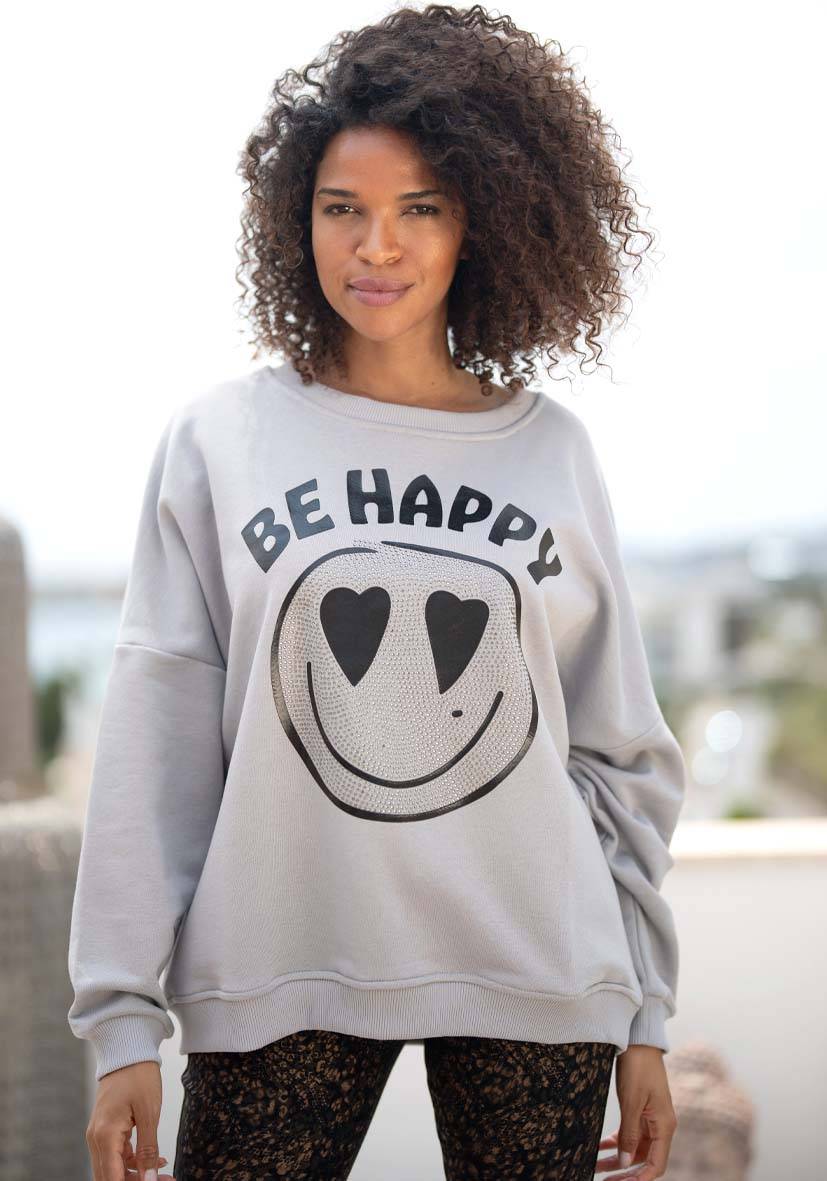 Miss Goodlife Roundneck Be happy Heartface Strass – grey