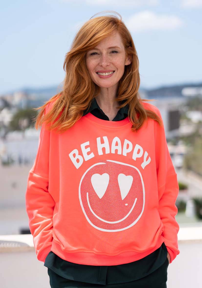 Miss Goodlife Roundneck Be Happy Heartface Strass – Neonpink