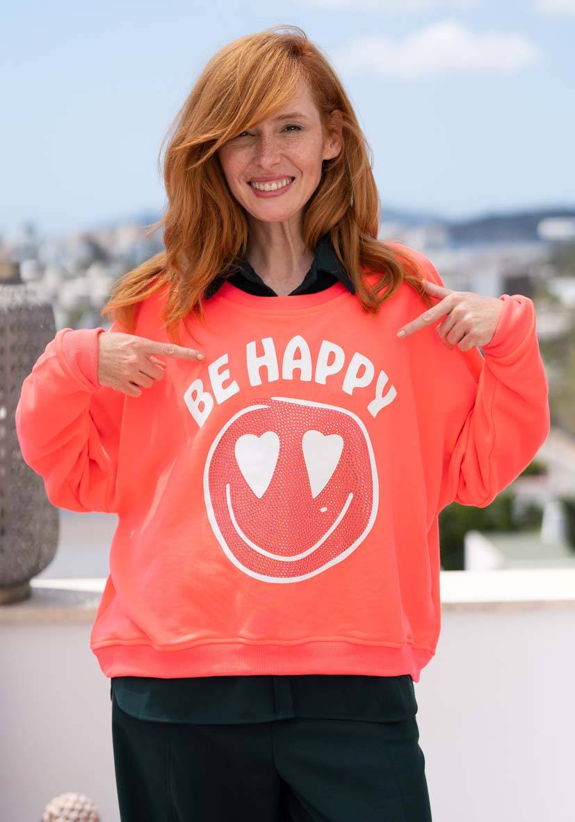 Miss Goodlife Roundneck Be happy Heartface Strass – neonpink