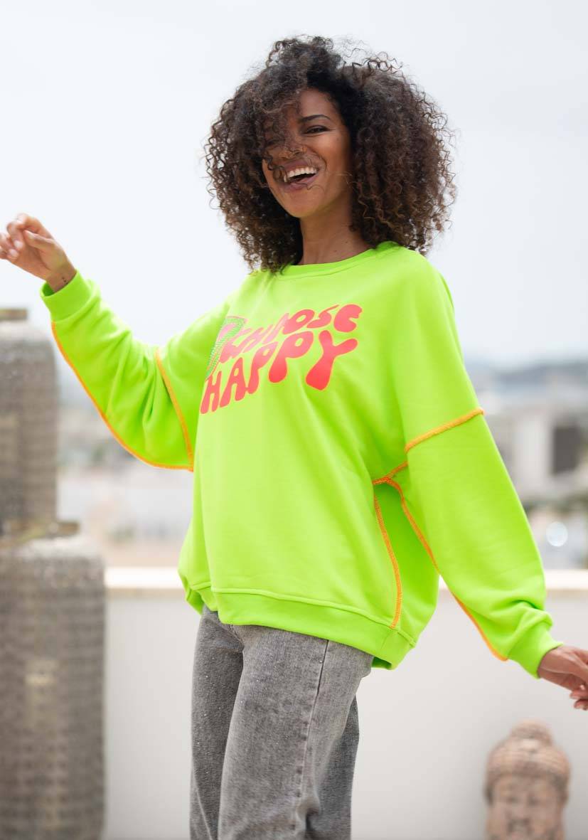 Miss Goodlife Roundneck Choose Happy Strass – Neongreen