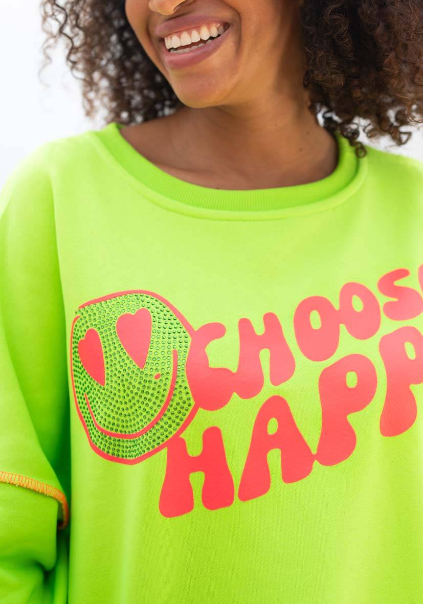 Miss Goodlife Roundneck Choose Happy Strass – Neongreen