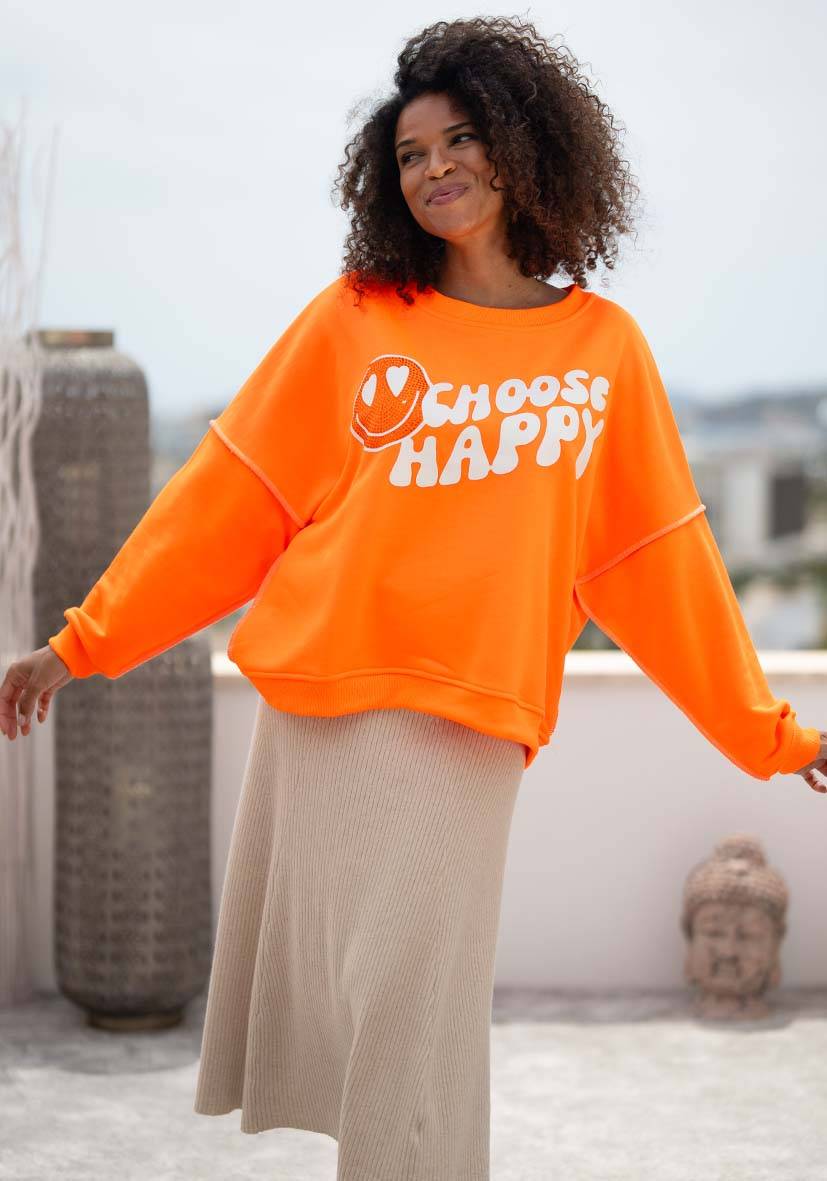 Miss Goodlife Roundneck Choose Happy Strass – Neonorange