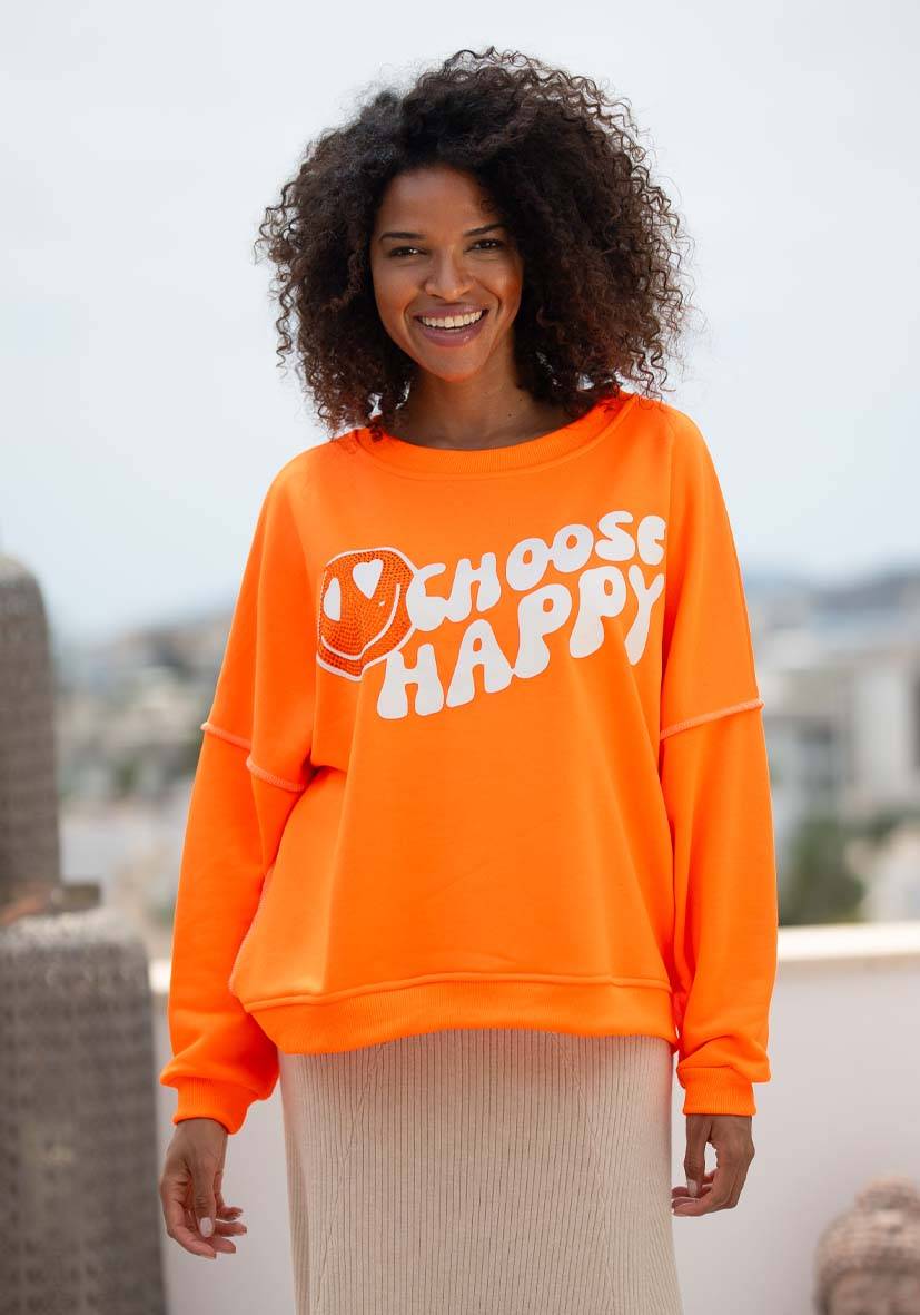 Miss Goodlife Roundneck Choose Happy Strass – neonorange