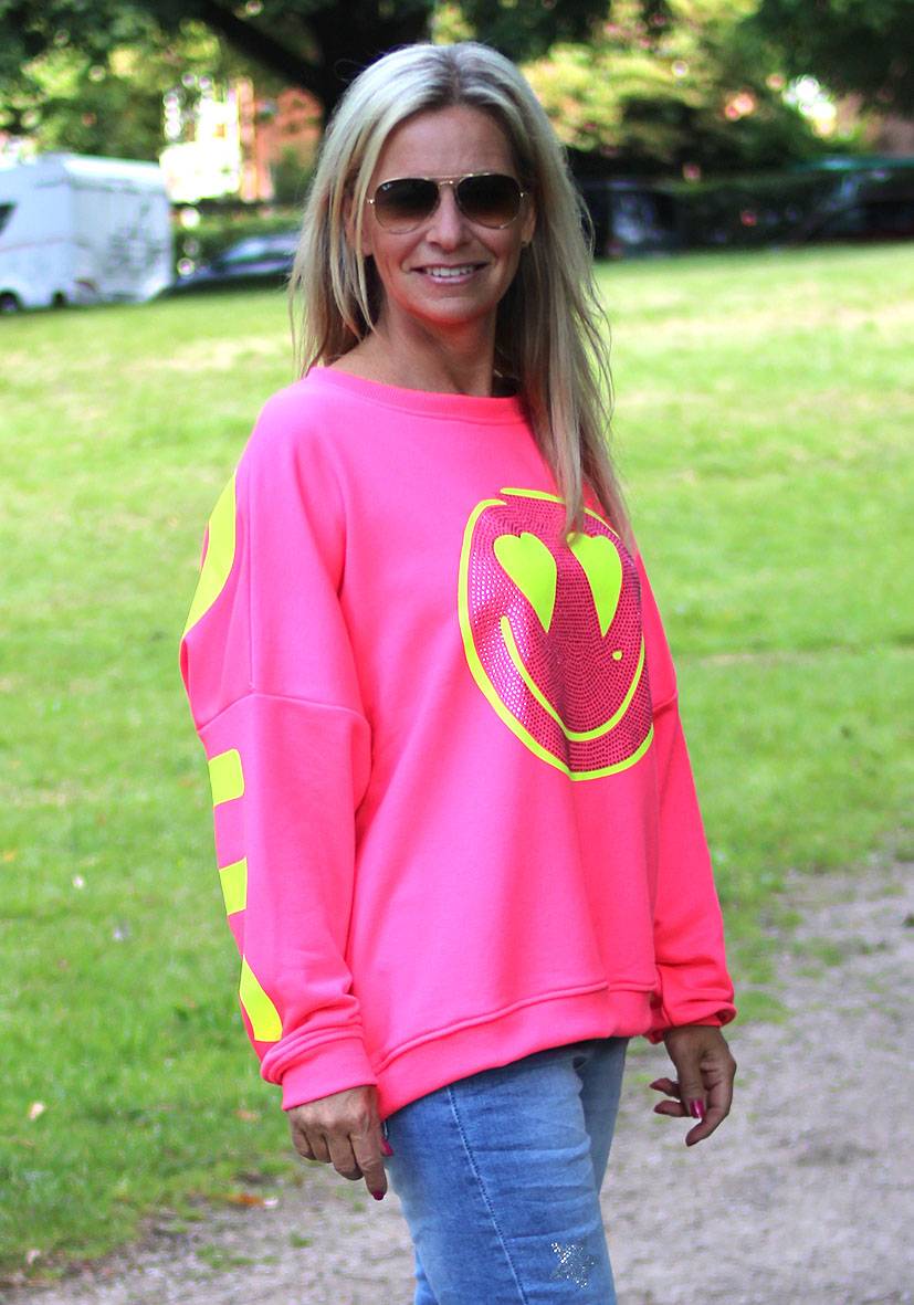 Miss Goodlife Roundneck Famous Heartface Strass – Neonpink
