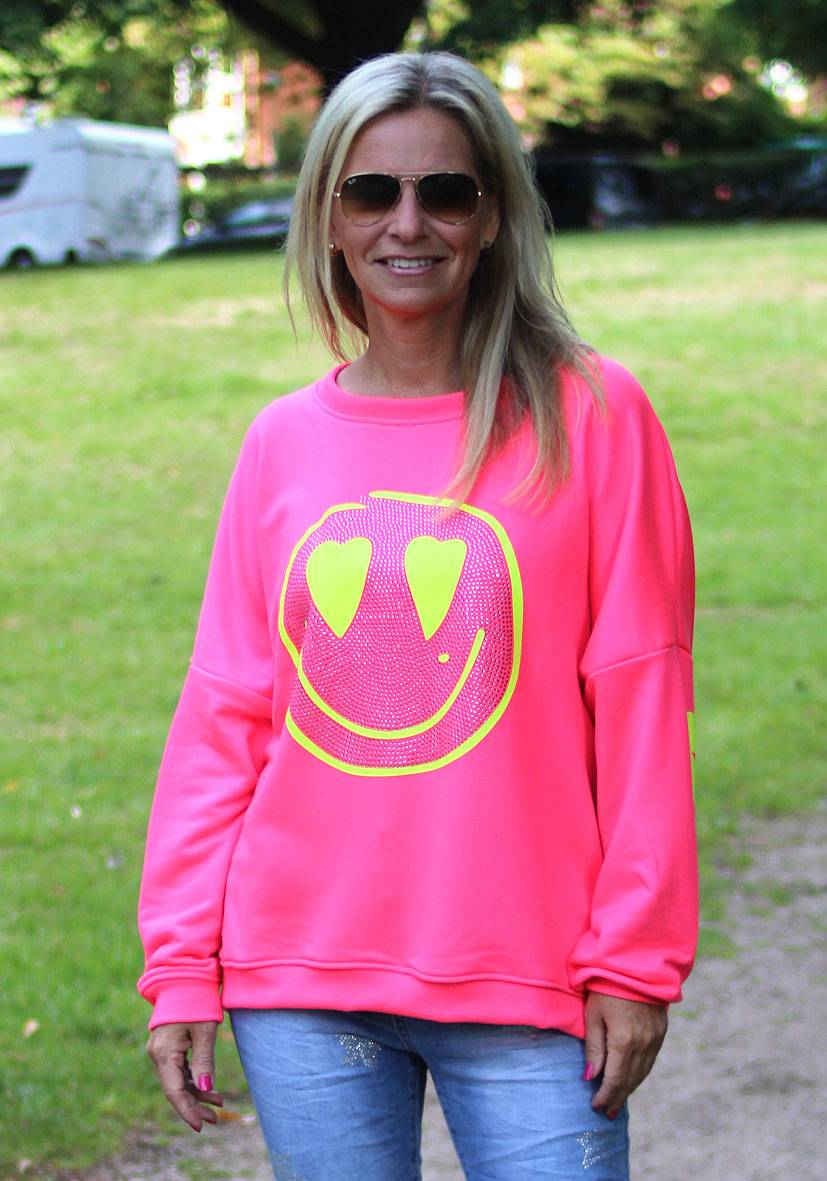 Miss Goodlife Roundneck Famous Heartface Strass – neonpink