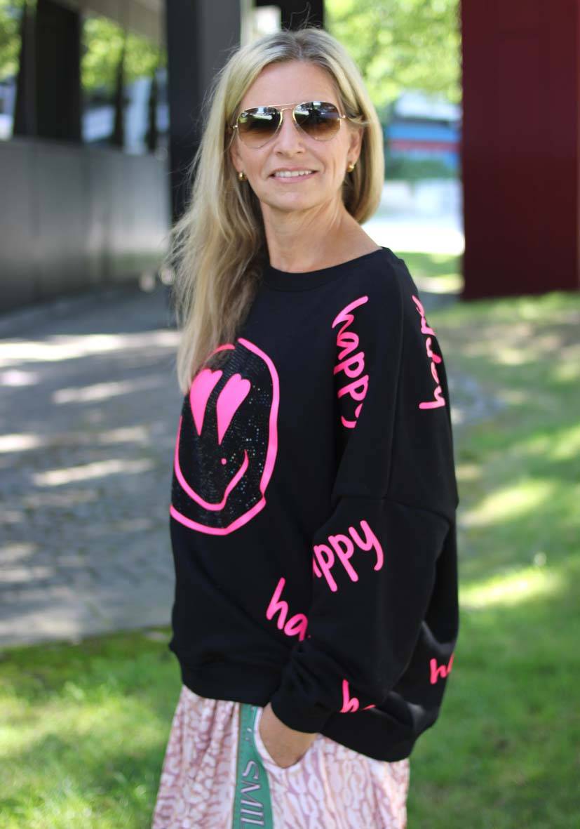 Miss Goodlife Roundneck Happy Heartface Strass – Black