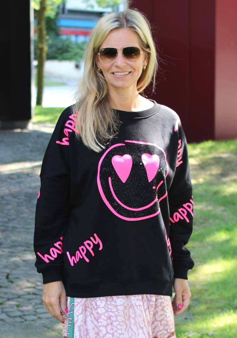 Miss Goodlife Roundneck Happy Heartface Strass – black