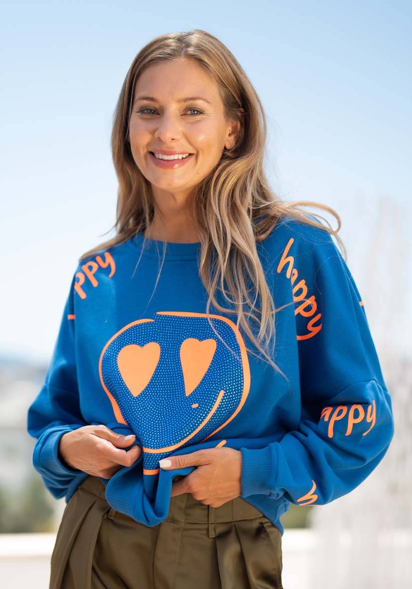 Miss Goodlife Roundneck Happy Heartface Strass – blue