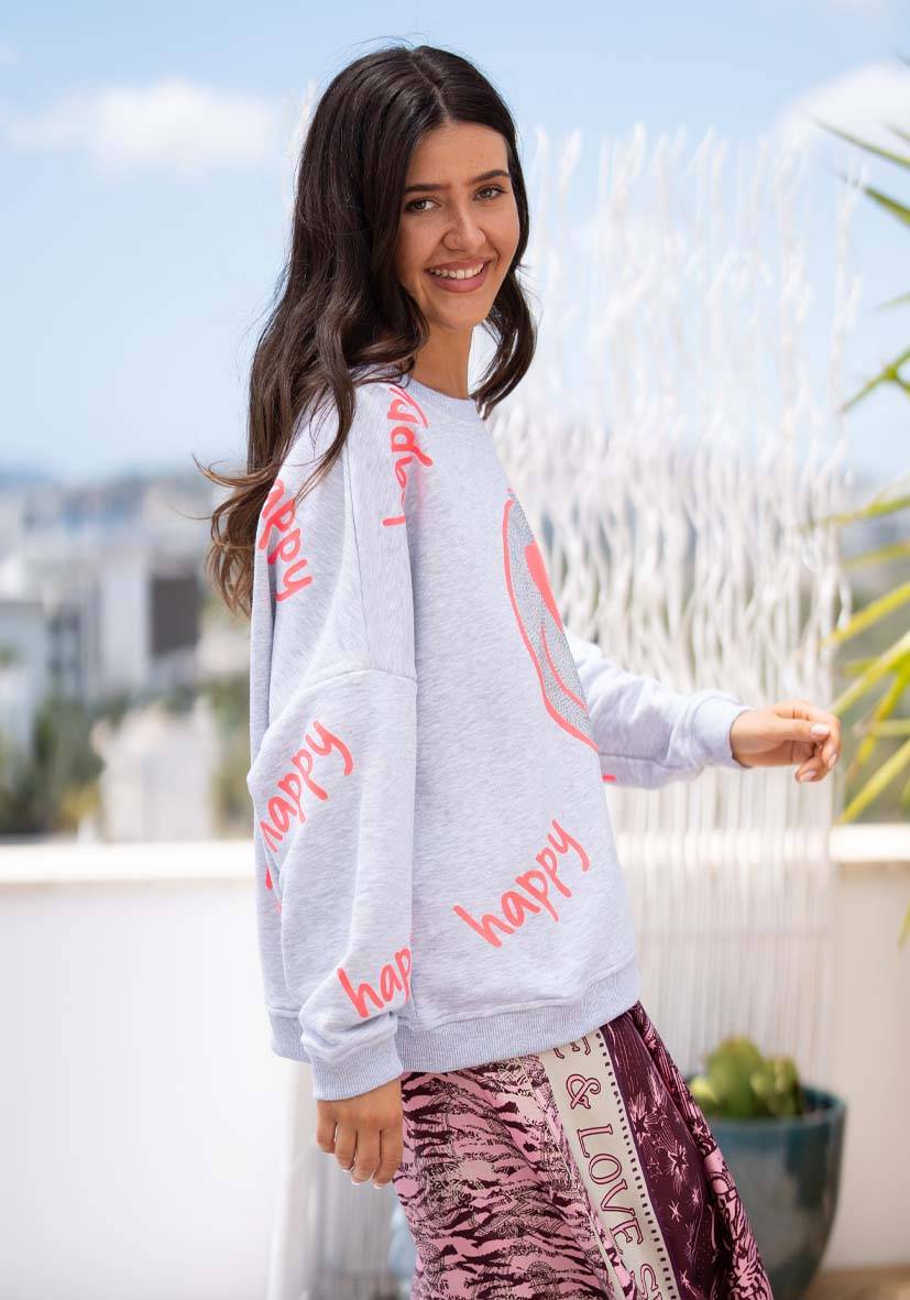 Miss Goodlife Roundneck Happy Heartface Strass – Lightgrey