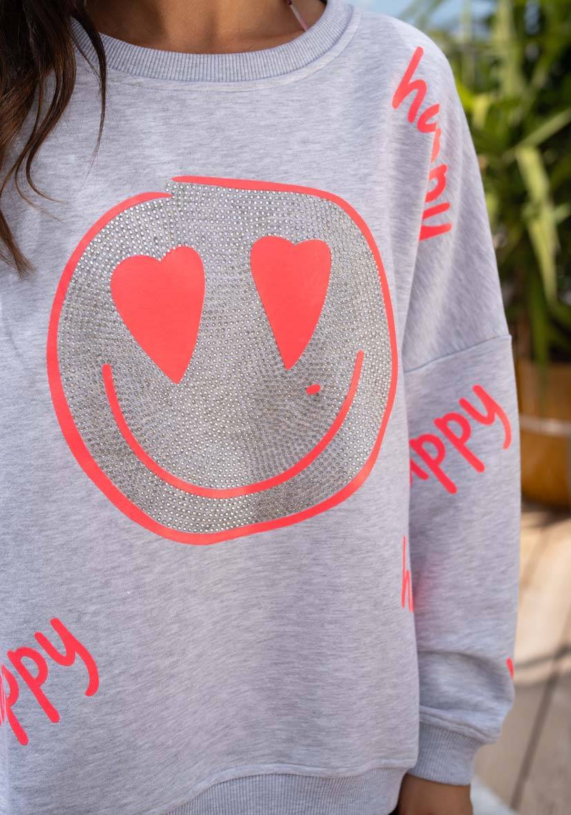 Miss Goodlife Roundneck Happy Heartface Strass – Lightgrey