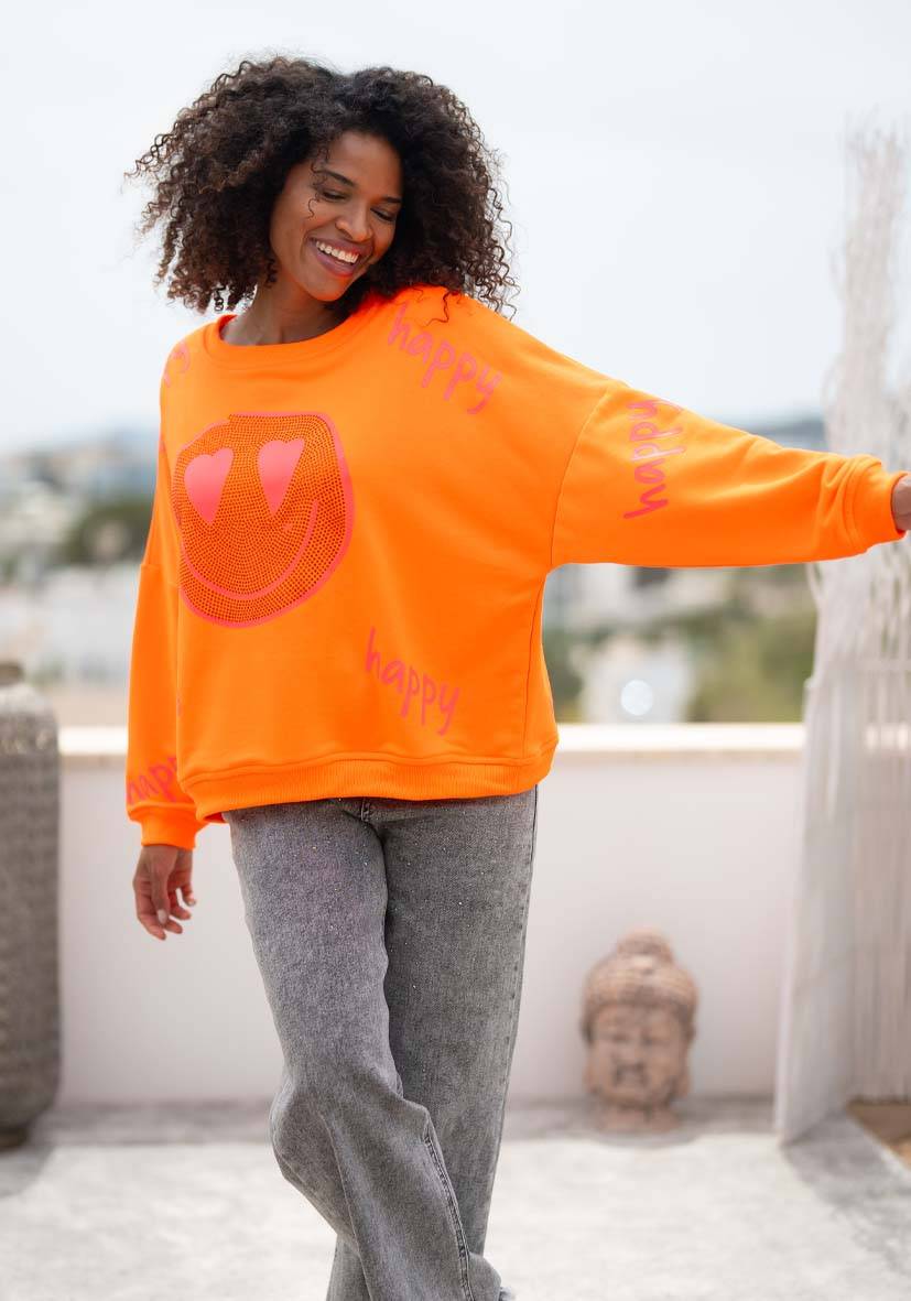 Miss Goodlife Roundneck Happy Heartface Strass – Neonorange