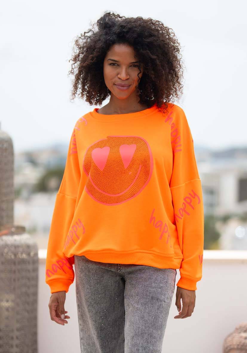 Miss Goodlife Roundneck Happy Heartface Strass – neonorange