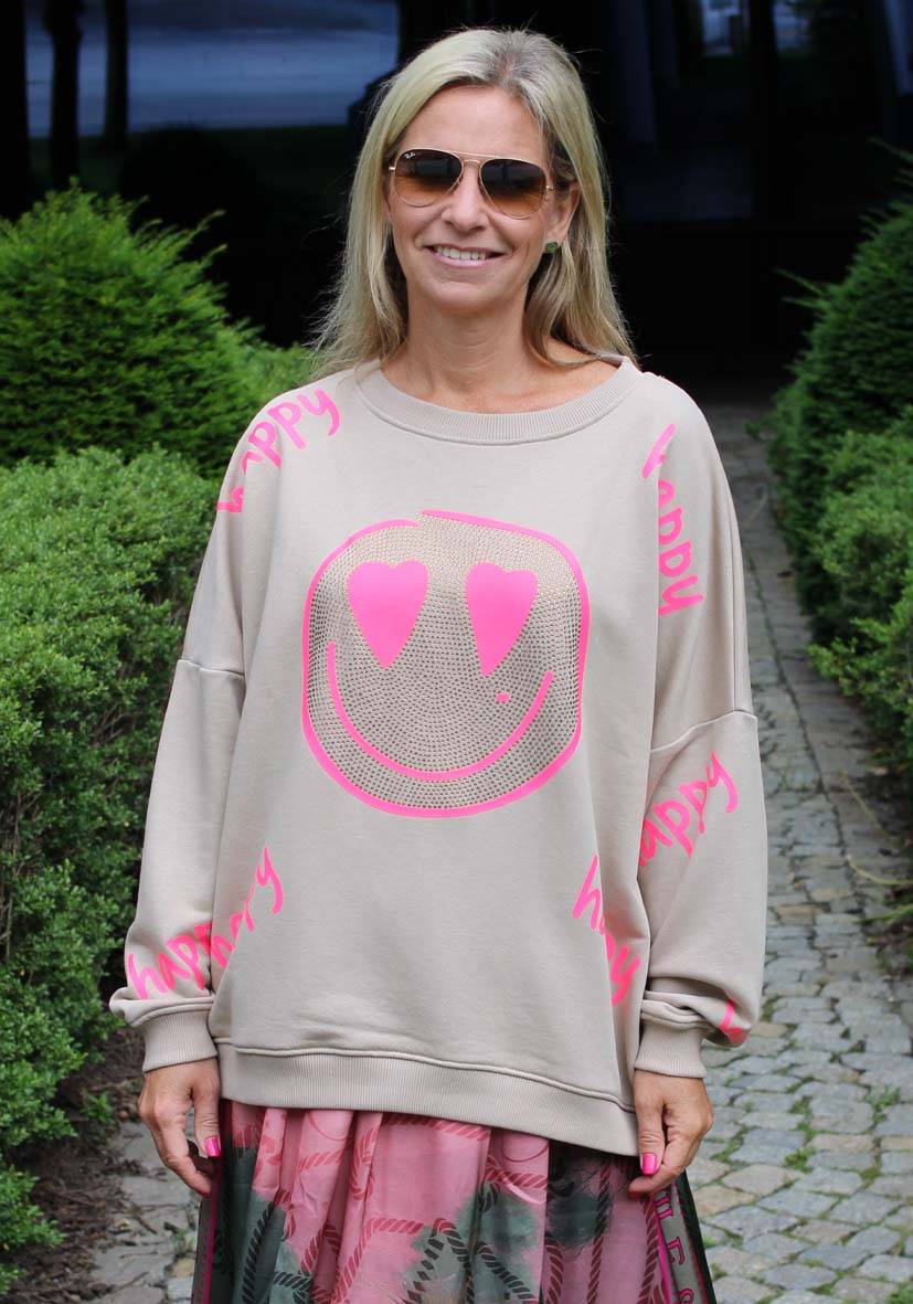 Miss Goodlife Roundneck Happy Heartface Strass – sand