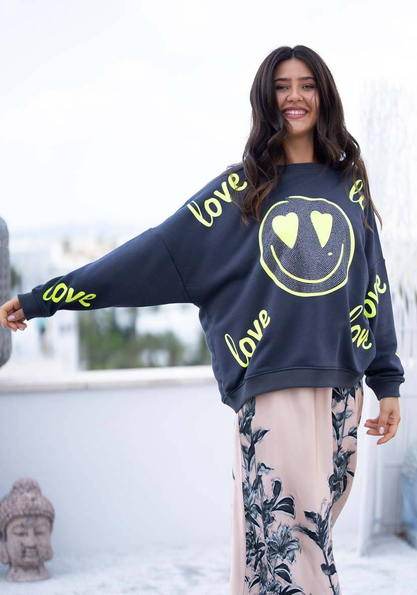 Miss Goodlife Roundneck Love Heartface Strass – Anthracite