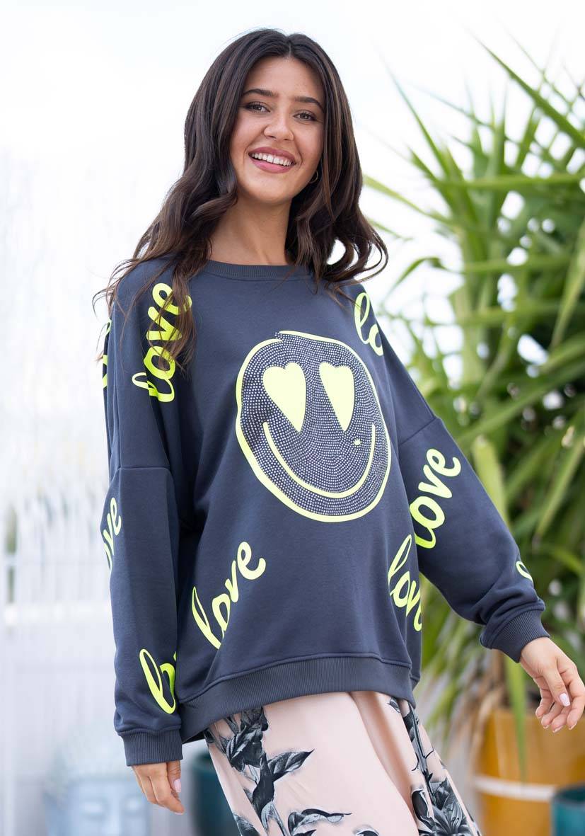 Miss Goodlife Roundneck Love Heartface Strass – anthracite