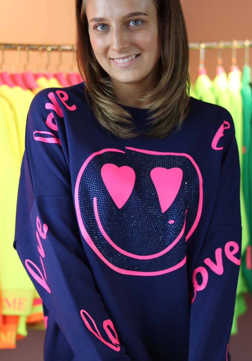 Miss Goodlife Roundneck Love Heartface Strass – Darkblue