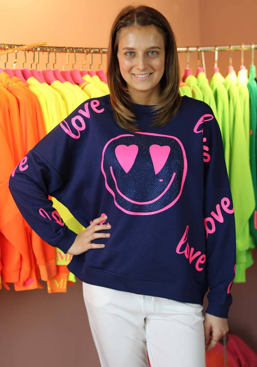 Miss Goodlife Roundneck Love Heartface Strass – darkblue