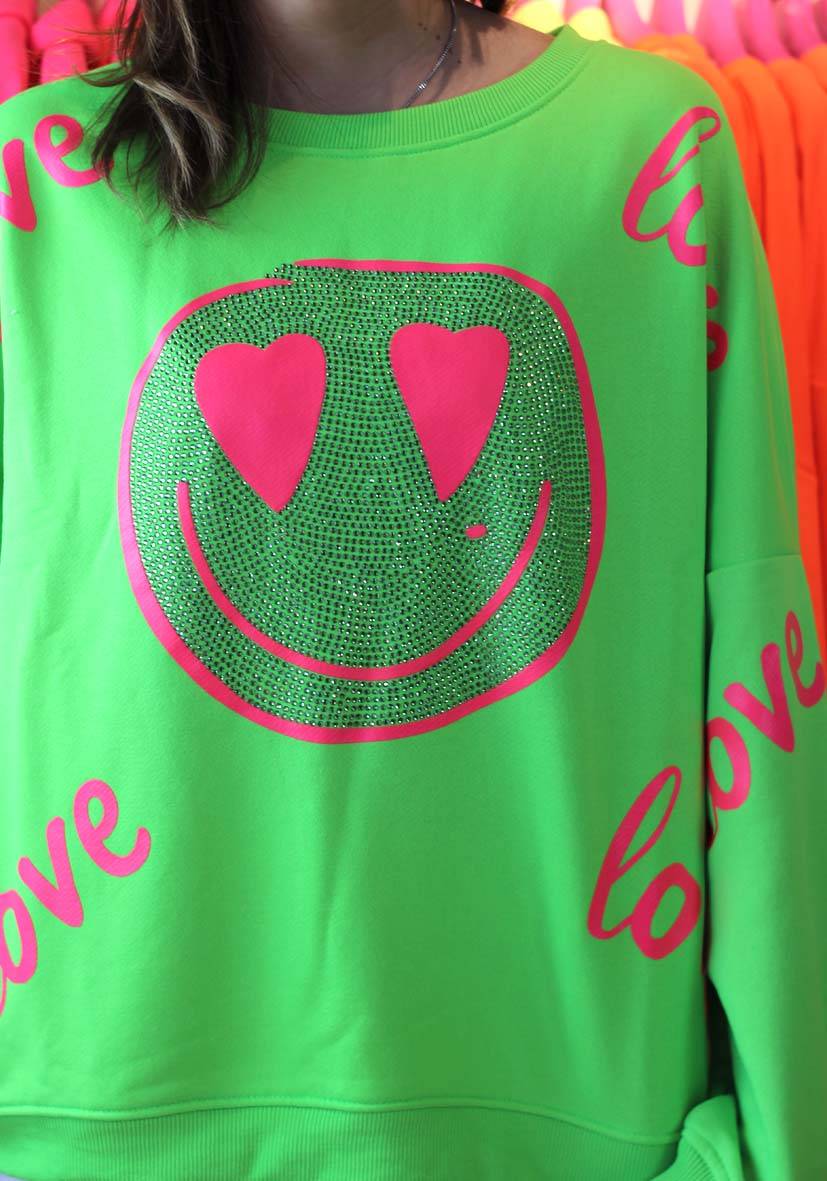 Miss Goodlife Roundneck Love Heartface Strass – Neongreen