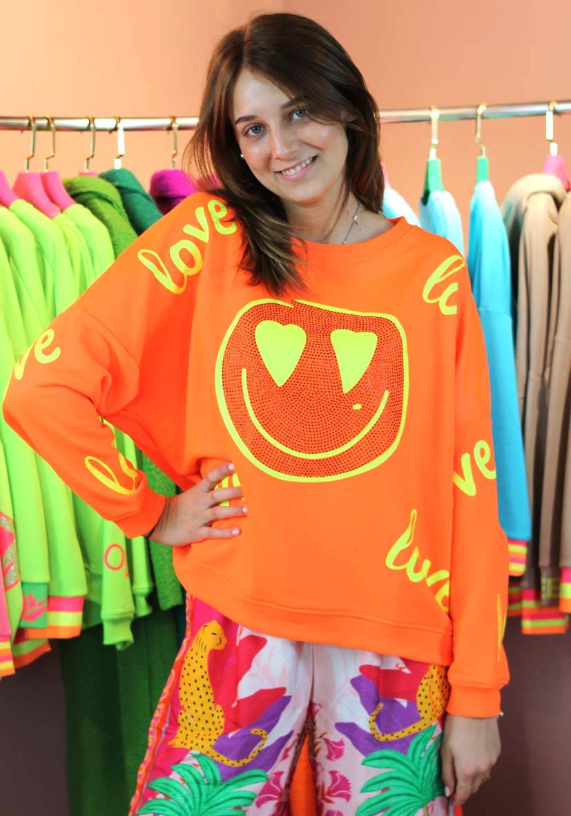 Miss Goodlife Roundneck Love Heartface Strass – neonorange