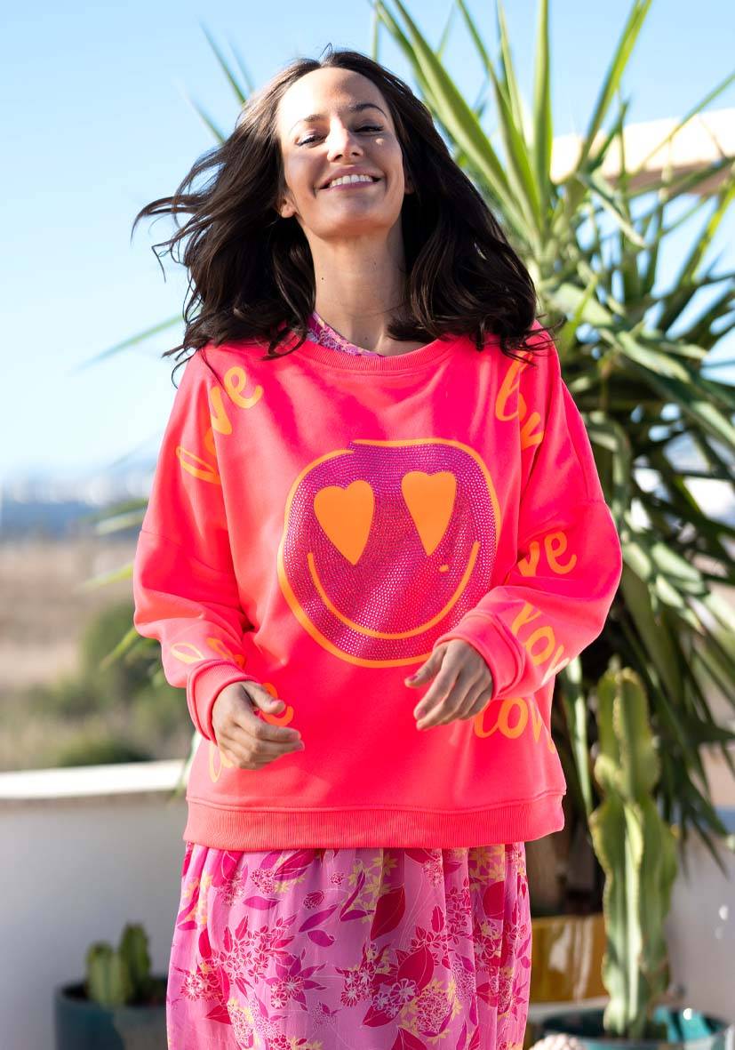 Miss Goodlife Roundneck Love Heartface Strass – Neonpink