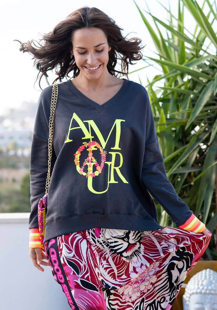 Miss Goodlife V-Neck Amour Peace – athracite/neonyellow