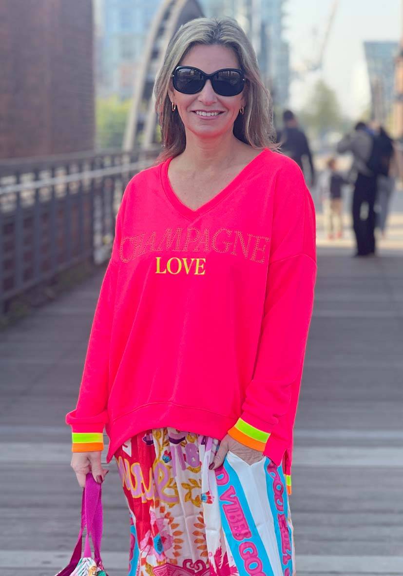 Miss Goodlife V-Neck Champagne Love Strass – Neonpink/neonyellow