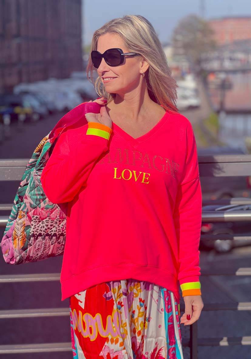 Miss Goodlife V-Neck Champagne Love Strass – neonpink/neonyellow