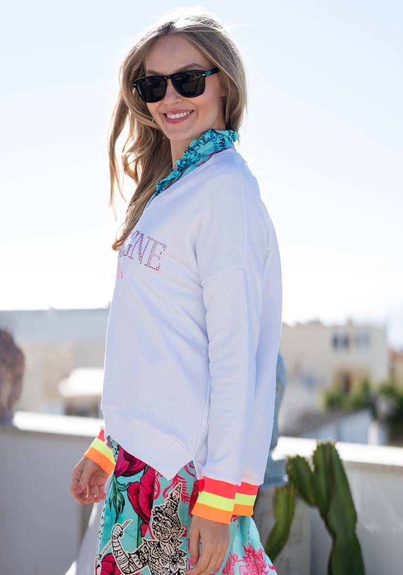 Miss Goodlife V-Neck Champagne Strass – White/neonpink