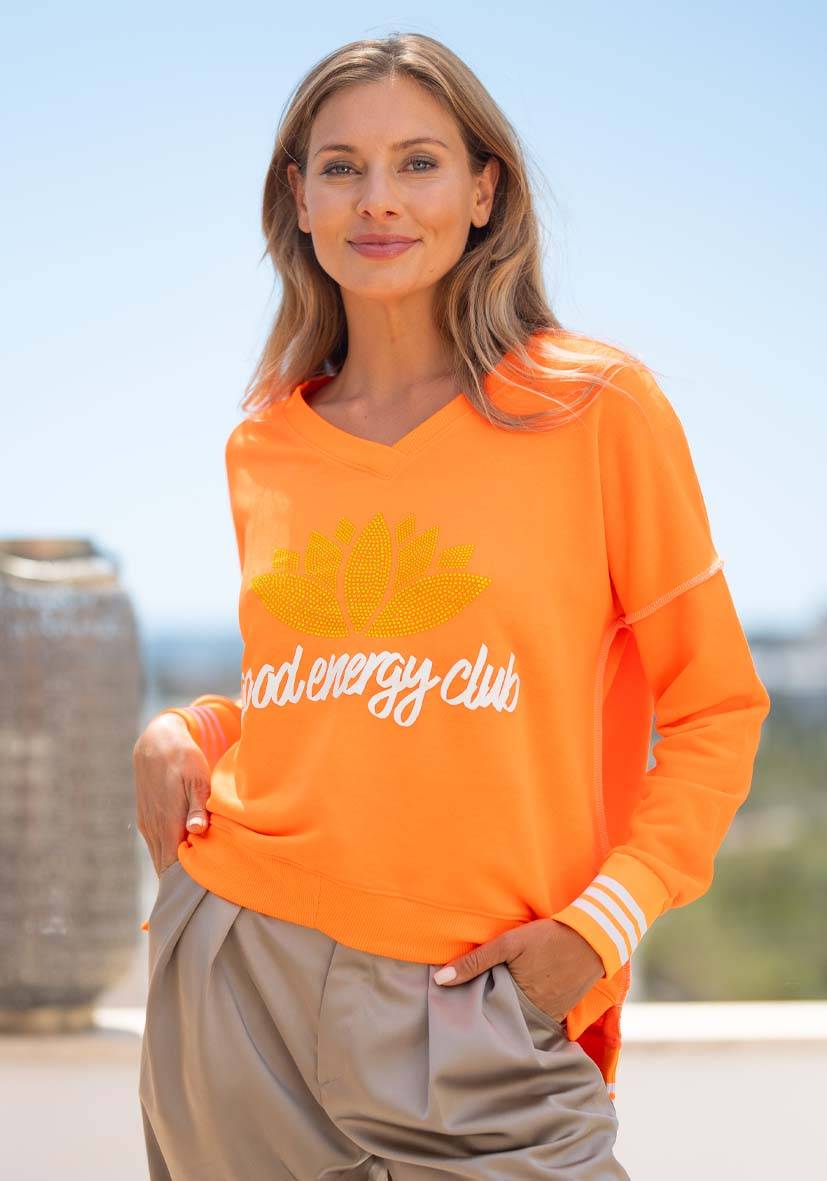 Miss Goodlife V-Neck Good Energy Namasté Strass – neonorange