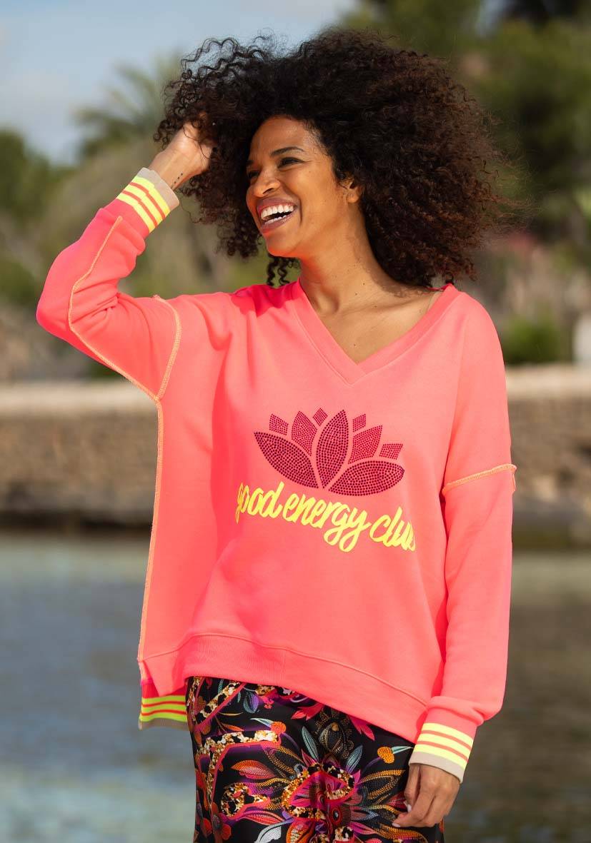 Miss Goodlife V-Neck Good Energy Namasté Strass – neonpink