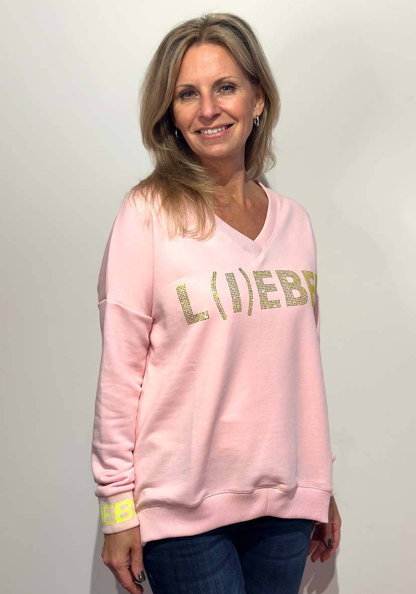 Miss Goodlife V-Neck L(i)ebe Strass – Rose/neonyellow