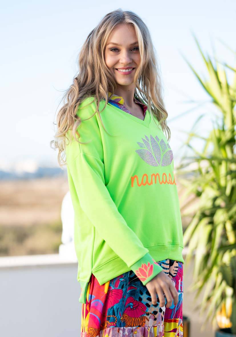 Miss Goodlife V-Neck Namasté Strass – Neongreen/neonorange