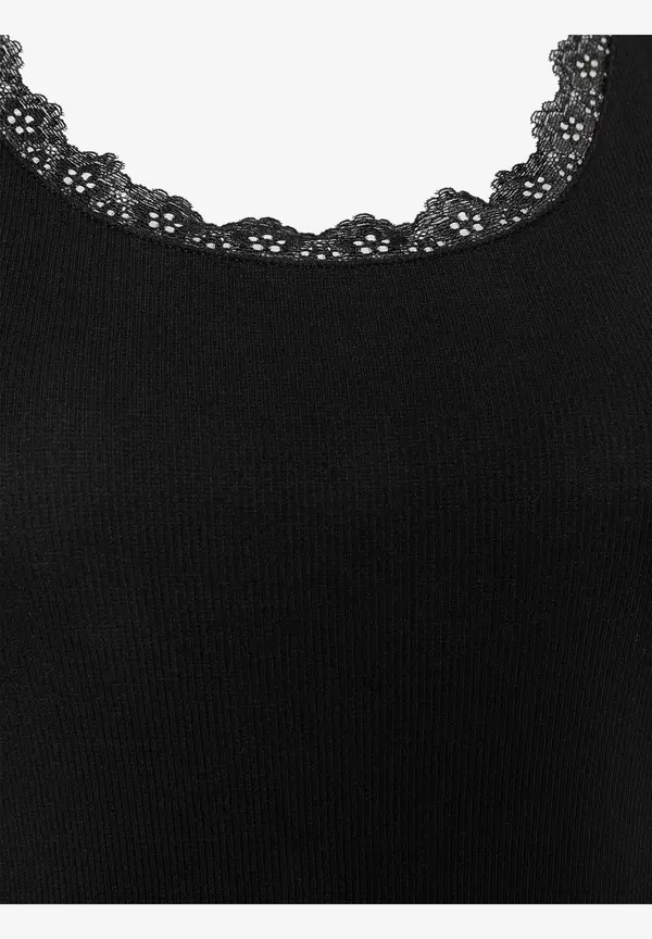 More & More Geripptes Top Mit Spitzenkante, Schwarz, Frühjahrs-Kollektion