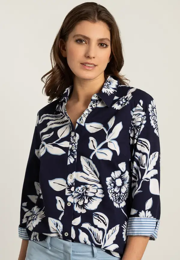 More & More Hemdbluse, Flowerprint, marine/weiß, Frühjahrs-Kollektion