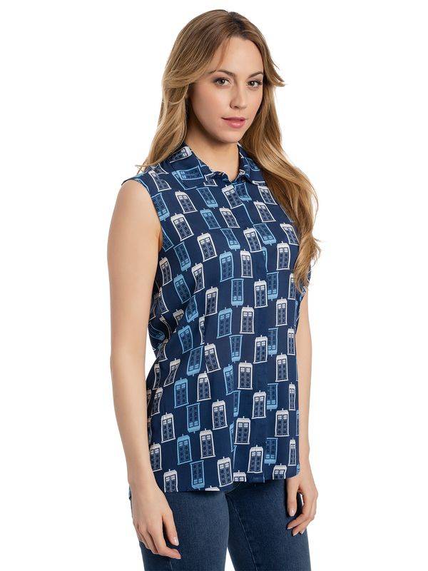 Nastrovje Potsdam Dr. Who Tardis Sleeveless Girl Blouse Bluse Blau Allover