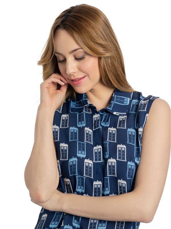Nastrovje Potsdam Dr. Who Tardis Sleeveless Girl Blouse Bluse Blau Allover