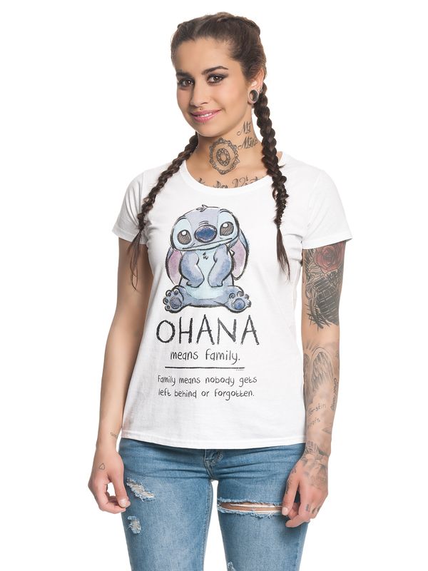 Nastrovje Potsdam Lilo & Stitch Ohana Means Family Damen T-Shirt Weiss