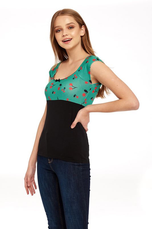 Nastrovje Potsdam Pussy Deluxe Cat Cherries Basic Shirt Schwarz / Grün Allover