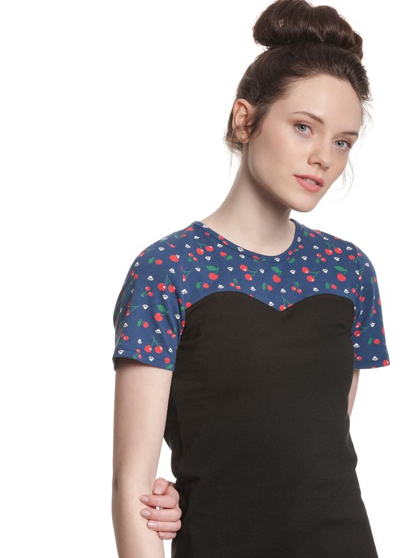 Nastrovje Potsdam Pussy Deluxe Cat Paws & Cherries Damen T-Shirt Schwarz/allover