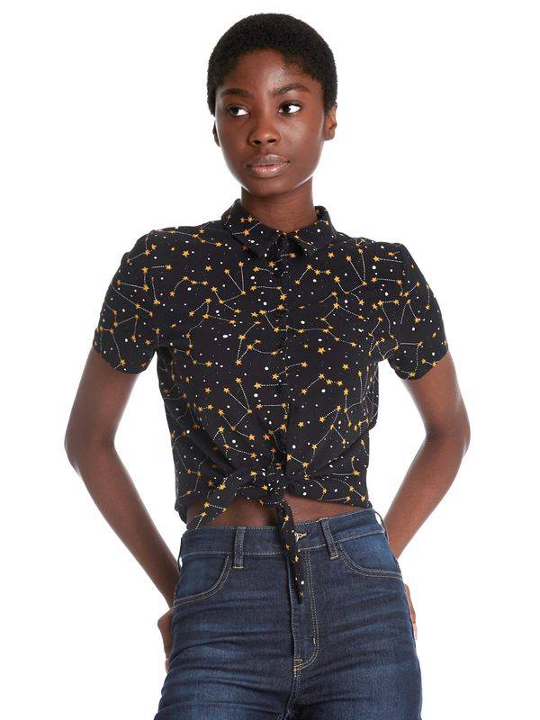 Nastrovje Potsdam Pussy Deluxe Celestial Stars Damen Kurzarmbluse Schwarz Allover