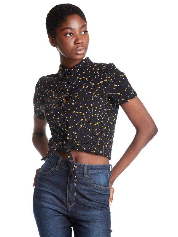Nastrovje Potsdam Pussy Deluxe Celestial Stars Damen Kurzarmbluse Schwarz Allover