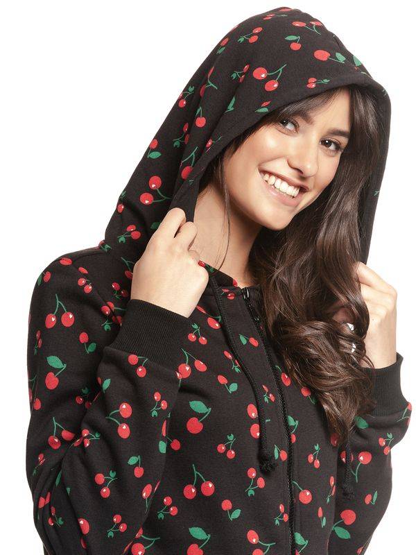 Nastrovje Potsdam Pussy Deluxe Cherries Damen Kapuzensweatjacke Schwarz Allover