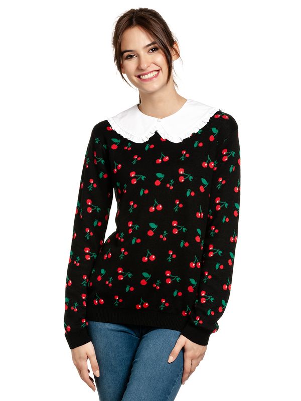 Nastrovje Potsdam Pussy Deluxe Cherries Damen Strickpullover Schwarz Allover