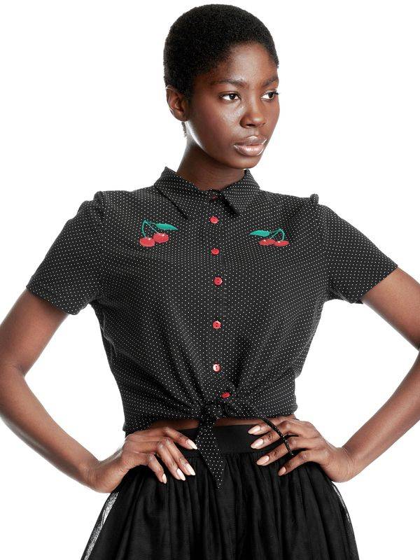 Nastrovje Potsdam Pussy Deluxe Dotties Cherry Damen Kurzarmbluse Schwarz Allover