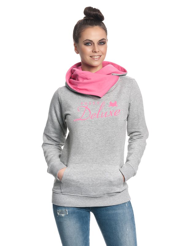 Nastrovje Potsdam Pussy Deluxe Logo Damen Schalkragenpullover Grau Meliert/pink
