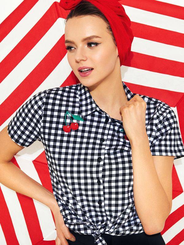 Nastrovje Potsdam Pussy Deluxe Plaid Short Damen Kurzarmbluse Schwarz/weiß